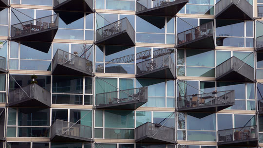 VM Houses, zoom de face, logements V - Ørestad City, Copenhague, Danemark - Architectes : Bjarke Ingels Group, Julien De Smedt Architects - Photo : Vincent Laganier