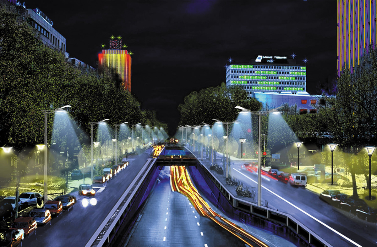 Simulation des environnements lumineux de la Part-Dieu, Avenue Garibaldi, extrait du plan lumière, Les Eclairagistes Associés - Illustration : LEA