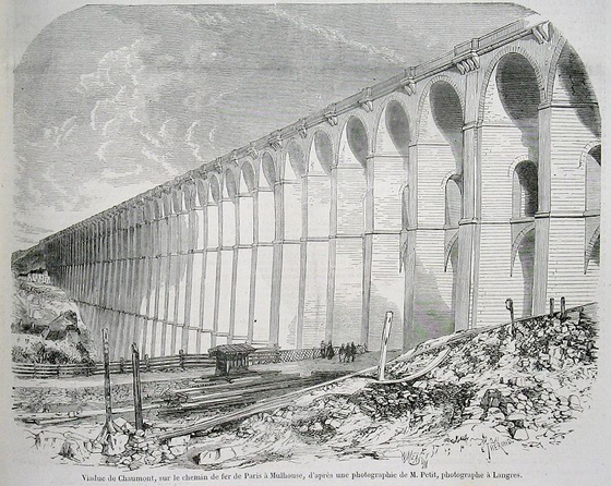 Viaduc de Chaumont, sur le chemin de fer de Paris à Mulhouse, d'après une photographie de M. Petit, photographie à Langres, Le Monde illustré, n°4, 9 mai 1857
