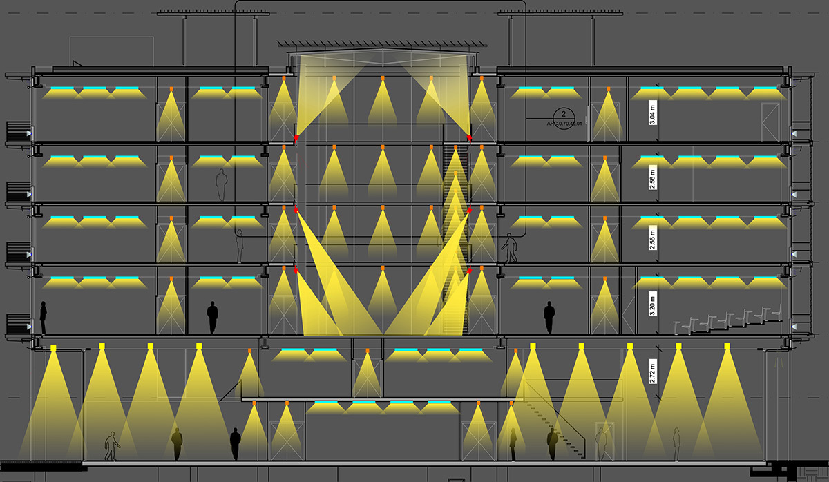 ENS Cachan, Paris-Saclay, France - Architecte RPBW - coupe eclairage batiment Nord DCE © Cosil Peutz Lighting Design – CPLD